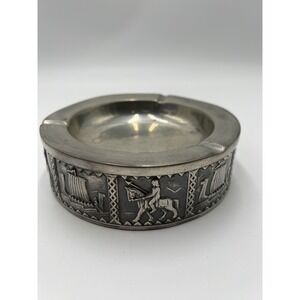 Vintage Viking Longship Pewter Ashtray Norse Warrior Horseback Relief Round